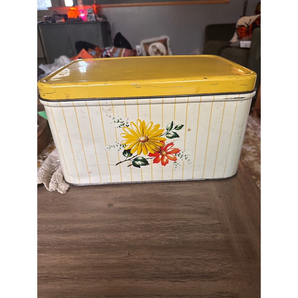 Vintage Metal Bread Box Yellow Floral Daisy Stripe Retro Kitchen Storage Tin
